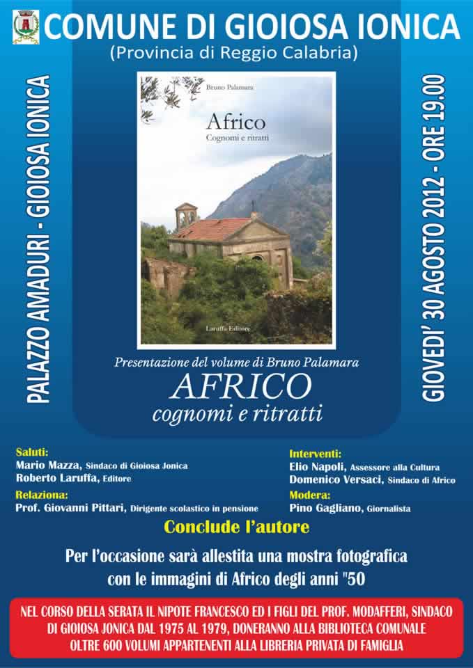 Locandina per libro Africo Gioiosa Ion ica 30 agosto 2012